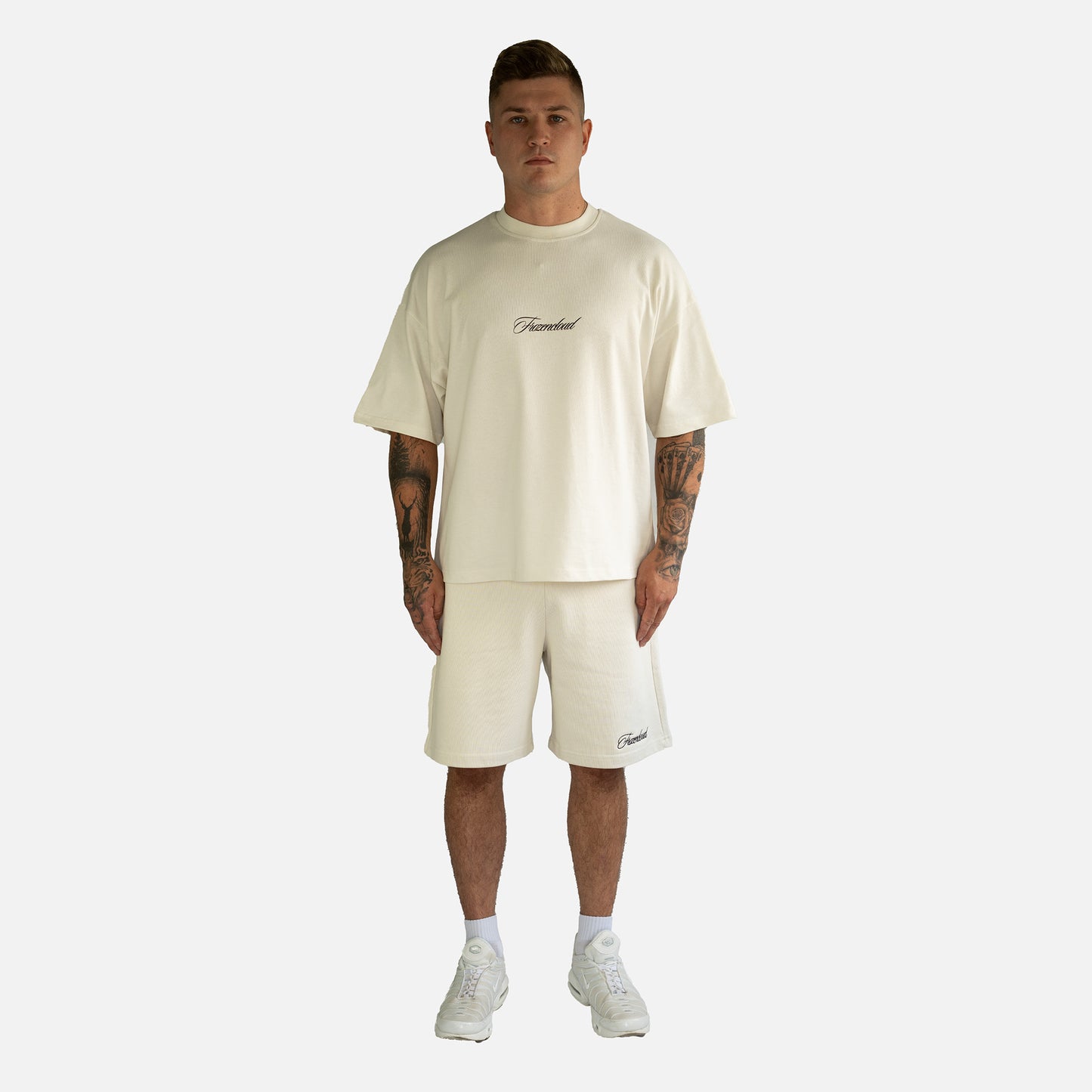 Flat white script tee