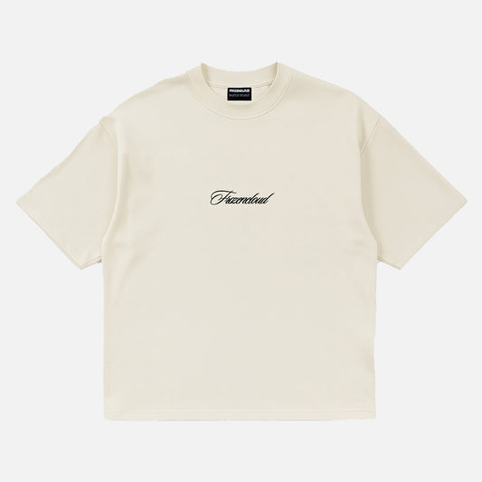 Flat white script tee