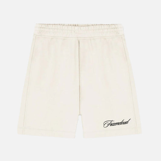 Flat white script shorts